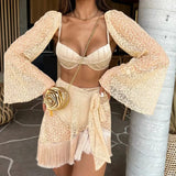 Tassel Skirt Women Long Sleeve Tassel Mini Skirt Suit 3 Piece Set Bathing Suit Beach Vacation Casual Female