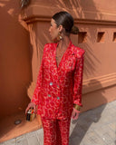 Women's Elegant Printed Pant Set Spring Fashion V Neck Long Sleeve Coat Loose High Waist Trousers Sets Fashion Chic Ladies