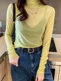 M-3XL Girls Colorful Mesh T-Shirts Tees Female Transparent Long Sleeve Turtleneck Thin Tshirt Tops Women Spring