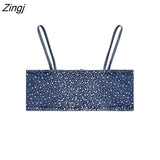 Women Sexy Jewel Ornament Hot Drilling Denim Short Sling Blouse Female Back Buckle Strap Blusas Chic Crop Tops