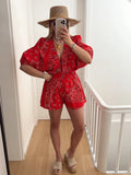 Women Red And Black Paisley Puff Sleeves Deep V-neck Jumpsuit Shorts Causal Female Elastic Waistband Vacation