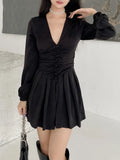 V Neck Chic Design Long Sleeve Pleated Black Dress Female Fashion Corset Buttons Autumn Dress Mini Ruched Korean