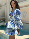 Women Elegant Floral Print V-neck Ruffle Mini Dress Summer Sexy Long Puff Sleeved High Waist Vestidos Female Beach Vacation