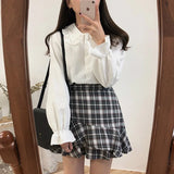 Shirts Women Solid Peter Pan Collar Flare Sleeve Elegant Sweet Harajuku Students Womens All-match OL Fashion Chic