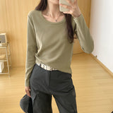 Color U-Collar Long-Sleeved T-Shirt Women's Early Autumn New Loose-Fitting Short Top Threaded Cotton Bottomed