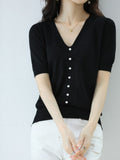 Silk Knitted Sweater Short-Sleeved Women's Summer New V-Neck Pearl Button T-Shirt Loose And Thin Short Five-Point Sleeve