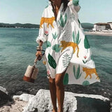 Women Dresses Turn-down Collar Print Casual Long Sleeve Shirt Dress Plus Size Loose Beach Party Vestidos Robe