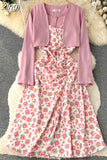 Women Two Piece Set Beach Vacation Long Sleeve Cardigans + Floral Spaghetti Strap Midi Dress Female Suit New