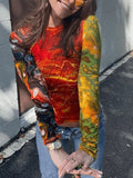 Patchwork Printed Mesh Long Sleeve Crop Top- Outfit