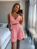 Summer V Neck Strap Crop Top + High Waist Shorts Women's Solid Color