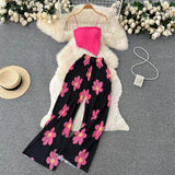 Zingj Girl Set Girl Strapless Strap Short Knit Top Print High Waist Wide Leg Trousers Two-Piece