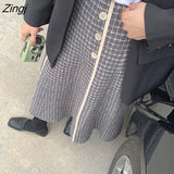 Plaid Wool Tweed Skirt Women Elegant Korean Style High Breasted Skirt Autumn Winter Streetwear Warm A-line Midi