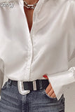 Satin Long Sleeve Blouses Women 2023 Autumn Vintage Blue Green Silk Shirt Women Casual Loose Button Up Street