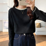 Long-Sleeved T-Shirt Women's New Design Is Full Of Impact Color Round-Neck Waffle Top And Bottom