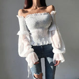 Color Pleated Bow Fashion Women Ladies Long Sleeve Off Shoulder Cropped Tops Blouse Shirt Lace Up Corset