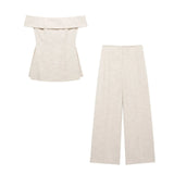 New Side Split Shoulder Blouse 8202351 High Waist Wide Leg Pants