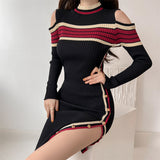 Zingj New Half-High Collar Design Bare Shoulder Slim Knitted Dress Stripe Color High Waist Slit Hip