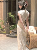 Vintage Slim Jacquard Cheongsam Summer White Midi Dresses Women Short Sleeve Runway Split Vestidos Female Black