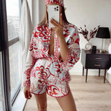 Print 3 Piece Sets Women Long Sleeve Blouses Top Shirt Mini Short Y2K Aesthetic Vintage Summer Vacation Matching