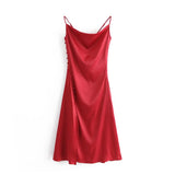 2022 Summer Vintage Women Satin Slip Dress with Slit Black Spaghetti Strap Silk Sexy Long Party