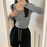 Girls' Short U-Collar Bottomed Shirt Women's Early Autumn New Long-Sleeved T-Shirt With A Shoulder Blouse Inside The