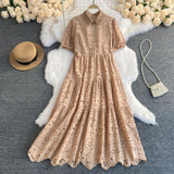 Zingj Version Dress Summer Lapel Hollowed-Out Embroidery Aging Bubble Sleeve Loose Medium And Long Bohemian Holiday