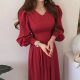 Women Fashion French Vintage Maxi Dress 2022 One Piece Ladies Dot Print Vestdios Femme Porm