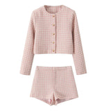 Pink Plaid Tweed Jacket And Shorts Set- Outfit