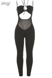 Sexy Mesh Sheer Hollow Jumpsuit Women Summer Sleeveless Backless Patchwork Overalls Lady One Piece Workout