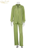 Causal Loose Home Suit Autumn Long Sleeve Blouse With High Wasit Pants Set Women Elegant Pleated Beige 2 Piece Pant