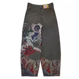 Ancient Bat Pattern Embroidered Loose Jeans Men's Street Y2K Pants Lazy