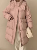 Korean Large Pocket Long Down Jacket Female 2024 Winter Fashion Thick Hooded Over The Knee Sweet White Duck Down Coat-Outfit