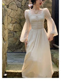 Elegant Square Neck Chiffon Dress for Women 2023 Summer Evening Party Long Sleeve Female Dress Casual Fashion Midi