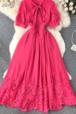 Rose Red/White Lace Hollow Out Party Long Dress Elegant Bow Collar Puff Short Sleeve High Waist A-Line Maxi Vestidos
