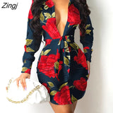 Elegant V Neck Long Sleeve Plunging Knot Tie Floral Print Shirt Dress Women Spring Autumn Workwear Mini Dress