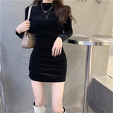 dresses Pure Color Velvet High Neck Bodycon Slim Bottoming Shirt Fall Fashion Elegant Casual Drawstring Female Mini