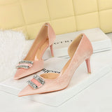 Zingj Banquet High Heels Female Shoes With Thick Suede Shallow Tip Side Hollow Ultra High Heel Water Diamond Buckle Single