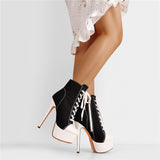 Onlymaker Women's Canvas Platform Lace Up Ankle Boots16cm High Heel Side Zipper Plus Size Fashion Sexy Stiletto