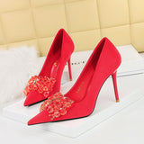 Zingj Korean Version Banquet High-Heeled Shoes Women Thin Heel Suede Shallow Mouth Pointed Gem Water Diamond Bow Single