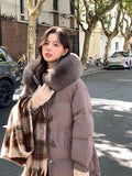 Pinghu Down Jacket Female Winter 2024 New Advanced Sense Sweet White Duck Velvet Ox Horn Buckle Thick Warm Long Coat-Outfit