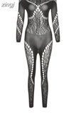 Sexy Mesh Jumpsuit Women Full Sleeve Skinny Fitness Body-Shaping One Piece Playsuits Lady Midnight Clubwear