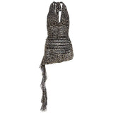 Babes Leopard-Print V-Neck Hanging Neck Hanging Dress Bare Back Irregularly Fluttering Hot Pure Desire Short