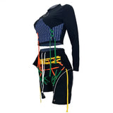 Patchwork Bandage Two Pieces Set Women O Neck Long Sleeve Top And Laced Up Shorts Suits Bodycon 2 Pieces Matching