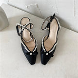 Zingj Summer New French Middle Heel Baotou Sandals Women's Thick Heels With Pearl High Heels Fairy Wedding