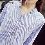 New Spring Three Quarter Sleeve Stand Collar Shirt Women Blue And White Striped Loose Plus Size Blouse Female Vintage