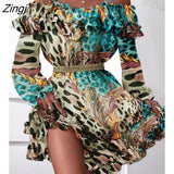 Cold Shoulder Ruffles Frill Hem Graphic Print Long Sleeve Fairy Flower Sundress Summer Women's Dress Femme Robe