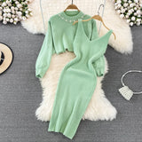 Zingj Temperament Round Neck Nail Bead High Waist Short Show Navel Sweater Two Sets Of Knit Vest Dress Female