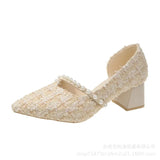 Zingj Small Fragrant Wind Thick Heel Single Shoes Women 2023 Evening Wind Pointed Hollow Single Shoes Elegant Temperament Shallow High Heels-Outfit