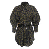 New Plaid Shirt Women's New Loose Korean Version Of The Retro Belt With Long Shirt Skirt