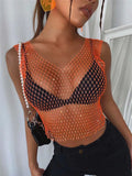 Diamonds Mesh Cropped Tank Top Women Summer Cover Up Bikini See Through Rhinestone Net Party Club Crop